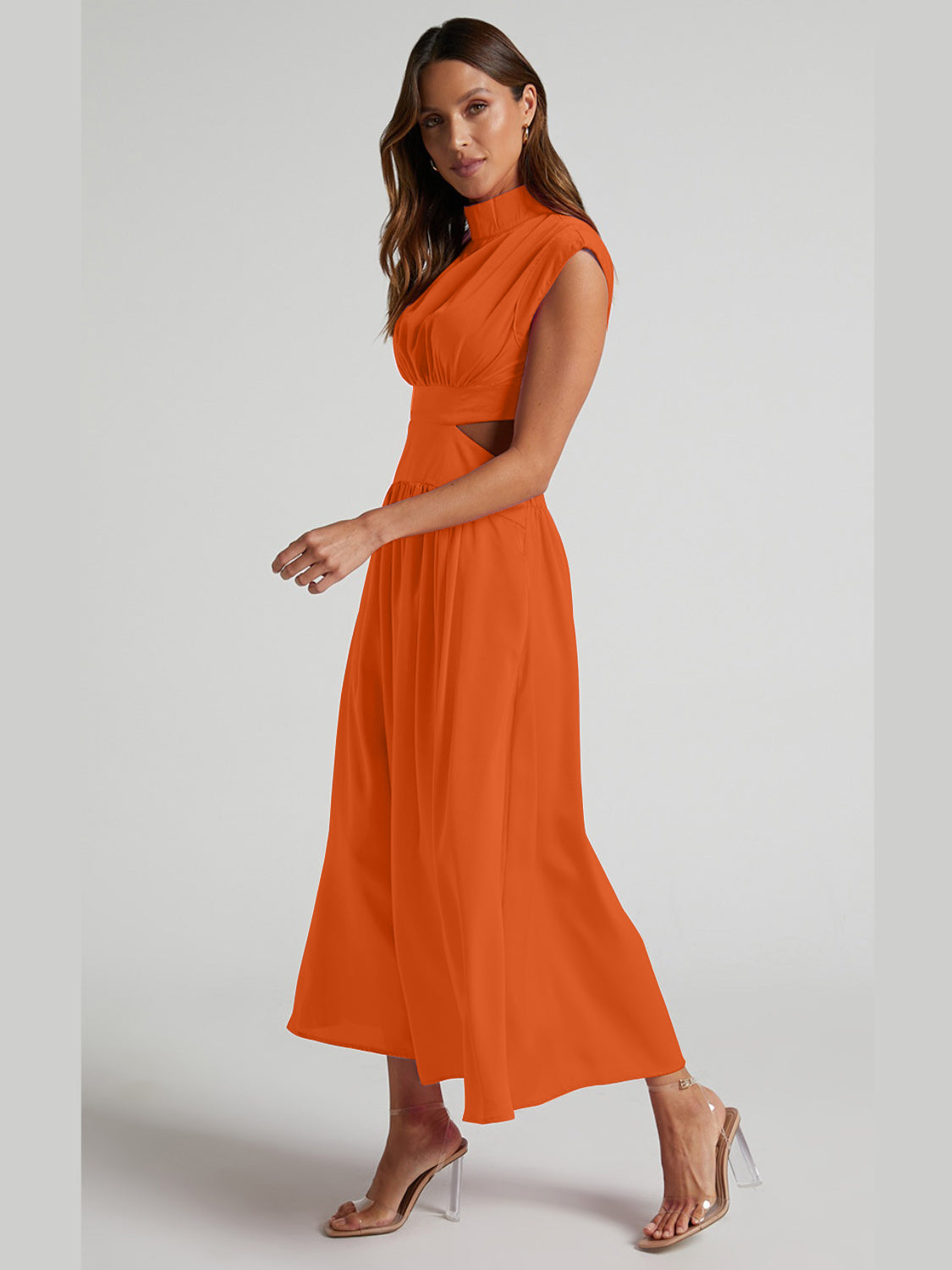 Cutout Mock Neck Sleeveless Ruched Dress